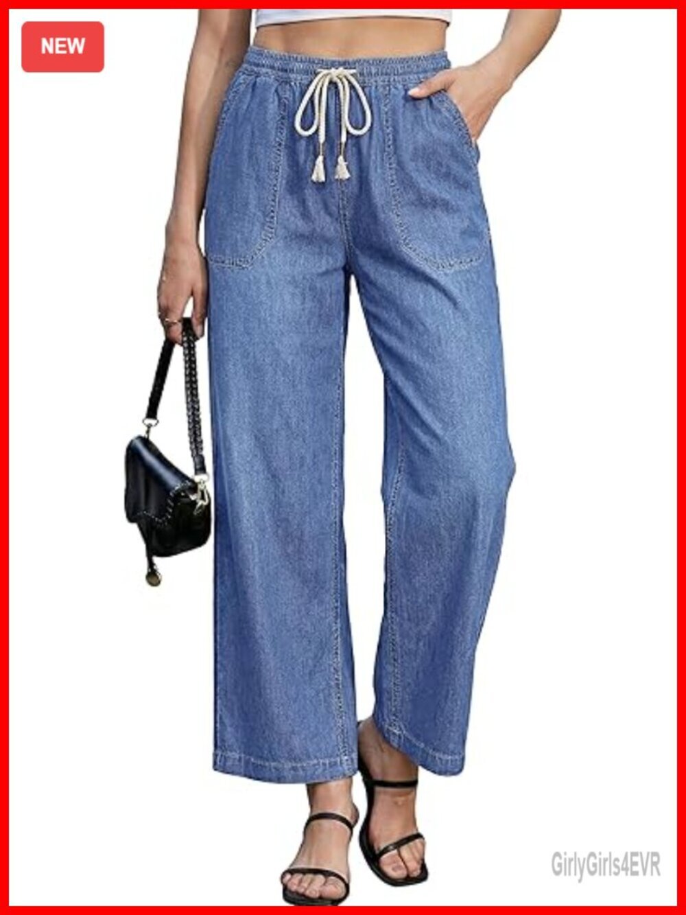 Wide Leg Jeans with Elastic Waist and Drawstring